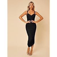 Women's Dress Solid Ruched Mesh Bodycon Dress (Color : Black, Size : XX-Small)