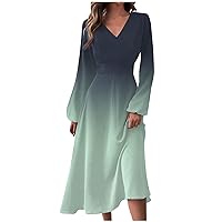 Womens Casual Spring Fashion Dresses V Neck Long Sleeve Solid Color Plus Size Elegant Dresses