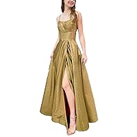Glitter Prom Dresses Spaghetti Strap Side Split Evening Gown Formal Dress for Women