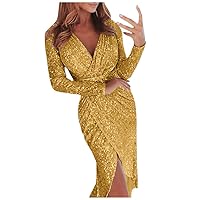 Women's Cocktail Dresses 2024 Sexy Deep V Sequins Wrap Ruched Long Sleeve Formal Dress Nightclub Plus Dresses
