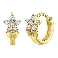 Gold Plated Cubic Zirconia Flower Small Hoop Huggie Earrings for Young Girls and Pre-Teens 8mm - Elegant and Radiant Flower CZ Earrings - Jewelry Gift for Birthdays or Holidays