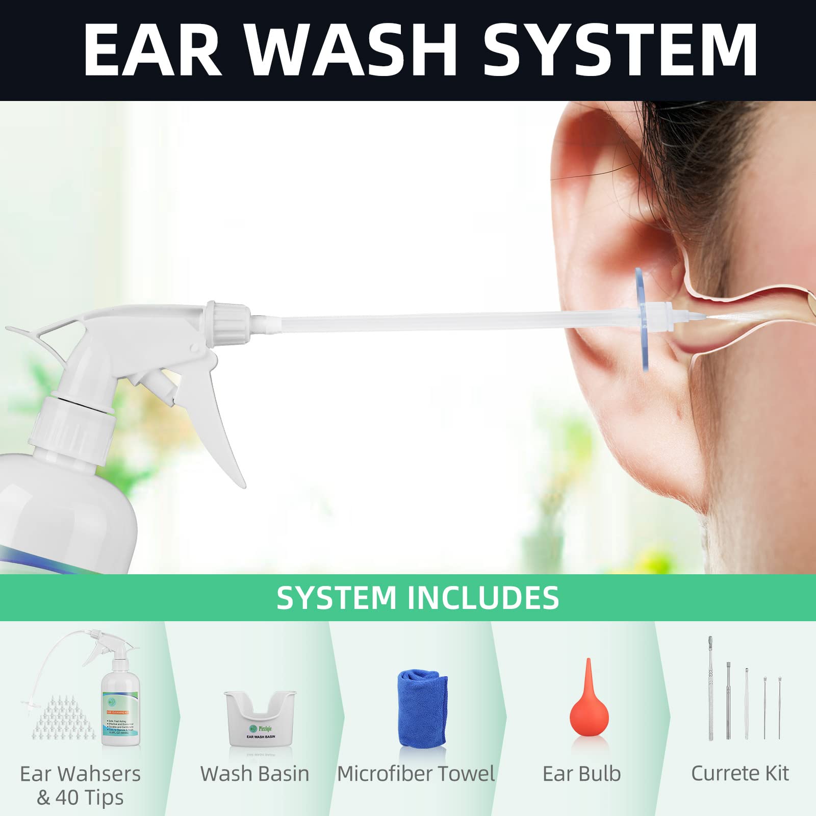 Ear Wax Removal Tool, Ear Cleaning Kits Safe Ear Irrigation Kit Ear Flush Kit for Adults Kid, Ear Wax Washer Device Easy to Operate, Includes Basin, Syringe, Curette Kit, Towel and 40 Disposable Tips