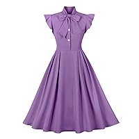 Women Short Sleeve Tie Neck Vintage Cocktail Party Dress Buttons Down 50s Flared A-Line Casual Office Work Prom Swing Dress
