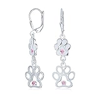 BFF Cut Out Open Animal Lover Pet Dog Cat Paw Print Dangle Stud Earrings For Women Puppy Cubic Zirconia .925 Sterling Silver Lever back Push Back
