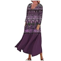 Women's Casual Dress with Pockets Summer Beach Floral Shirt Dress 3/4 Sleeve Maxi Dress Flowy Sundresses