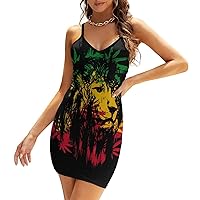 Rasta Lion Women's Mini Dress V Neck Bodycon Sundress Tank Dresses with Adjustable Spaghetti Strap L