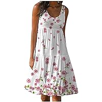 Summer Dresses for Women 2024 Boho Floral Midi Dress V Neck Sleeveless Vintage Ruffle Flowy Beach Dress
