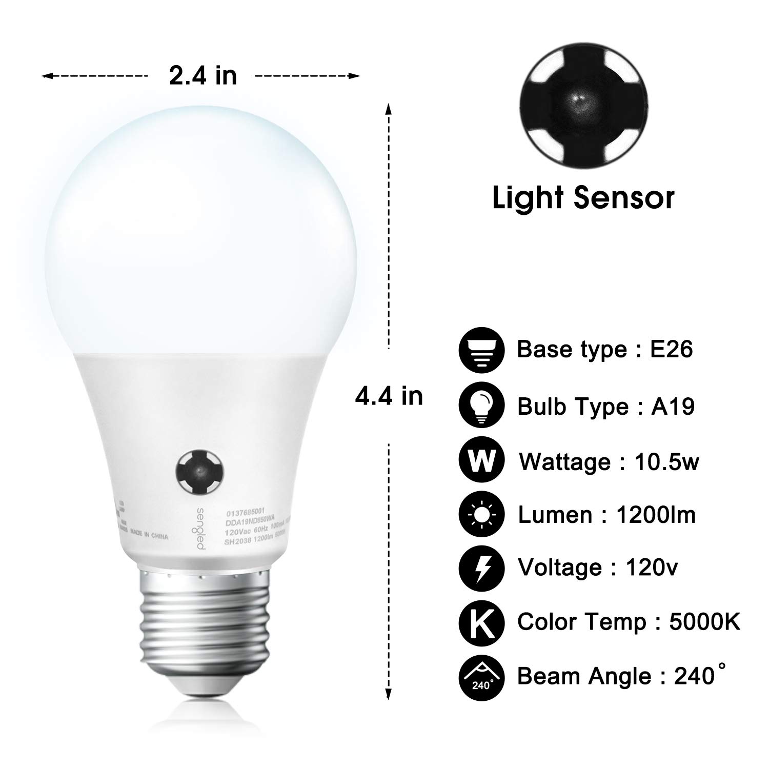 Sengled 5000K Daylight LED Light Bulb 10.5 Watt Equivalent 1200LM, Automatic Dusk to Dawn Light Bulbs for Outdoor Lighting, 3 Pack, UL Listed.