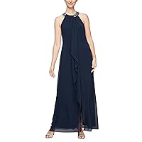 S.L. Fashions Women's Long Maxi Chiffon Gown with Jewel Halter Neck Dress