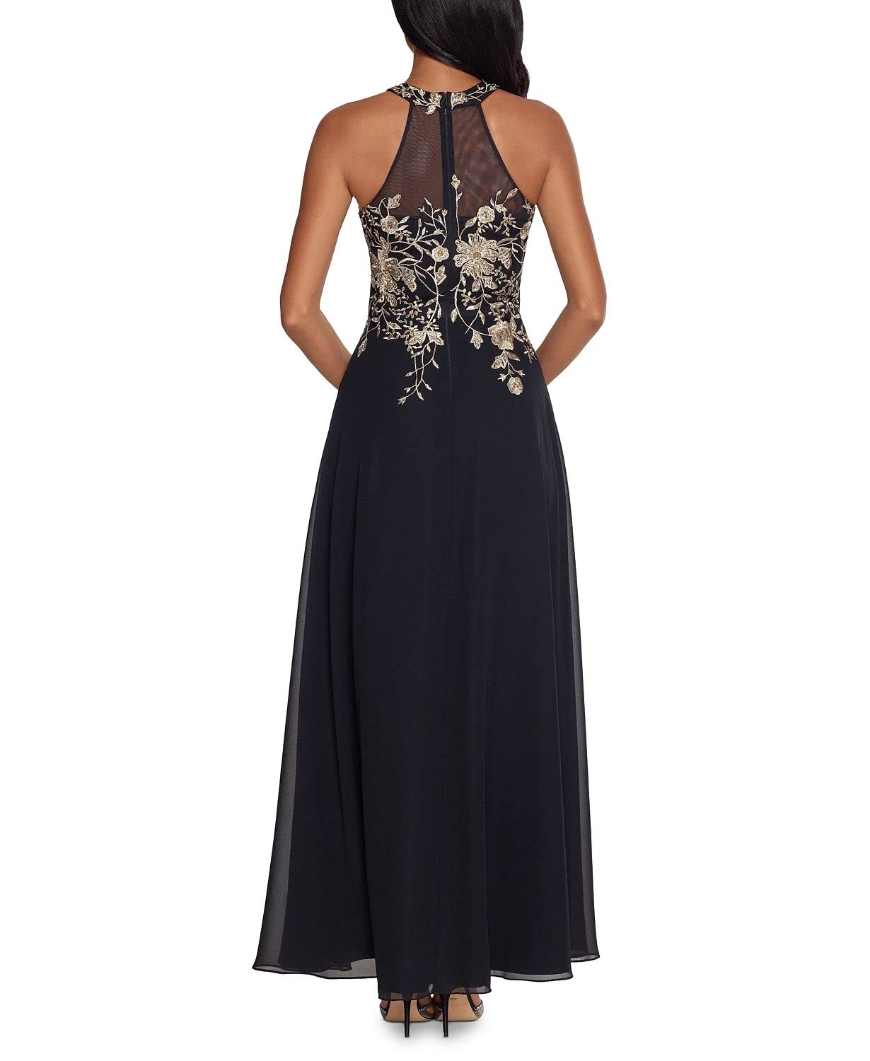Betsy & Adam Women's Petite Long Embroidered Halter Chiffon Gown
