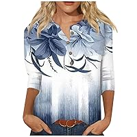 Ladies Summer Tops and Blouses 2023,3/4 Length Sleeve Womens Tops Tunic New Button Collar 3/4 Sleeves Retro Print Slim Shirt
