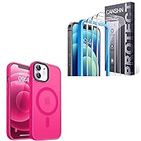 CANSHN Magnetic Designed for iPhone 12/12 Pro Case Hot Pink + 3 Pack Screen Protector for iPhone 12 and iPhone 12 Pro Tempered Glass with Easy Installation Frame - 6.1 Inch