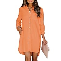 Paintcolors Women's Roll Up Tunics Cotton Button Down Shirt Dresses with Pockets Solid Color High Low Blouse Tops