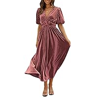 Sissyaki Women's Velvet Dress Formal Dresses for Wedding Guest 2023 Fall Dress Dark Pink XL