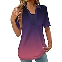 Womens Polo Shirts 2024 Summer Gradient Vintage Printed Trendy Blouse V Neck Short Sleeve Lapel Shirts
