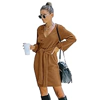 Women's Long-Sleeve Pullover high-Waist Dress Autumn and Winter New Long-Sleeve Hip wrap V Collar lace Solid Color Dress (Brown,L)