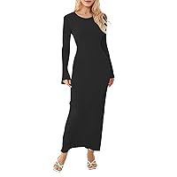 Sunloudy Women Crewneck Knit Maxi Dress Bell Long Sleeve Ruched Ribbed Bodycon Long Sweater Dress Streetwear