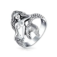 Bling Jewelry Nautical Marine Life Tropical Beach Nymph Siren Mermaid Ring For Women Oxidized .925 Sterling Silver 2MM Band