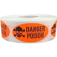 Danger Poison Labels Fluorescent Red 1 x 2 Inch Oval 500 Total Stickers