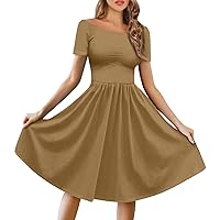Summer Dresses for Women 2024 Crewneck Swing Flowy Pleated Short Sleeve Dress Casual Loose Fit Plus Size Dresses