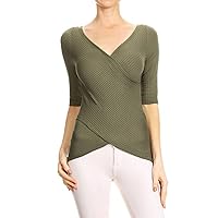 NE PEOPLE Women's Casual 3/4 Sleeve Slim Fitted Ribbed Wrap Knit Top