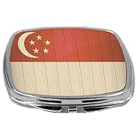 Compact Mirror on Distressed Wood Design, Singapore Flag, 3 Ounce