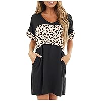 Womens Leopard Short Sleeve V Neck Loose Comfy Casual Leisure Pockets Shirts Dress