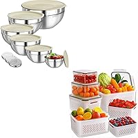 6 PCS Stainless Steel Mixing Bowls with 3 Grater Attachments, Kitchen Nesting Mixing Bowls with Lids Set and 5 PCS Fruit Storage Containers for Fridge with Colanders