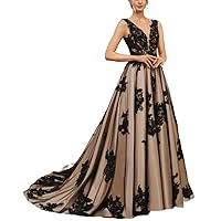 Women's Black Wedding Dress Sleeveless Satin/Tulle/Appliques Bridal Gowns with Train