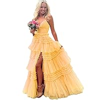Sevy Unique A Line Doric Sweetheart Long Prom Dress V Neck Ruffles Tulle Formal Party Gown with Split