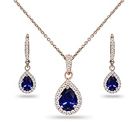 B. BRILLIANT Sterling Silver Genuine, Simulated Gemstone Halo Dainty Pear Teardrop Necklace & Earrings Jewelry Set for Women Girls with Gift Box