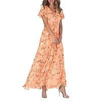 Women's Summer Dresses 2024 Swing Long Dress Chiffon Floral Short Sleeve Ruffle V Neck Fashion Waist Dress, S-2XL