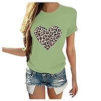 Women's Summer Tops Leopard Printed Heart Graphic Tees Casual Loose Short Sleeve T-Shirts Valentine's Day Crewneck Blouses