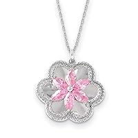925 Sterling Silver Polished Spring Ring CZ Cubic Zirconia Simulated Diamond Pretty In Pink 18in Flower Necklace Jewelry for Women