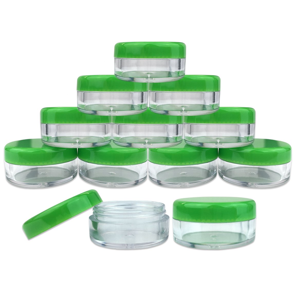 (Quantity: 50 Pieces) Beauticom 5G/5ML Round Clear Jars with GREEN Lids for Scrubs, Oils, Toner, Salves, Creams, Lotions, Makeup Samples, Lip Balms