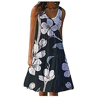 2023 Womens Summer Floral Print Beach Dress Round Neck Sleeveless Dress