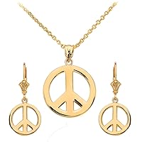 14 ct Yellow Gold Boho Peace Sign Necklace Earring Set