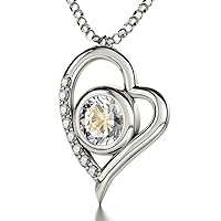 925 Sterling Silver I Love You Necklace in 12 Languages Anniversary Heart Pendant with Cubic Zirconia Gemstones Inscribed in Pure Gold Including Sign Language onto a Clear Crystal, 18