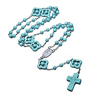 Turquoise Beads Cross Pendant Necklaces Catholic Rosary Necklaces Christian Prayer Beaded Religious Jewelry For Women Cross Necklaces For Women