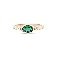 14k Gold Emerald Ring | Oval Emerald Ring | Oval Cut Emerald with Round Cut Diamonds | 3 Stone Emerald Diamond Ring | May Birthstone Jewelry