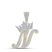 The Diamond Deal 10kt Two-tone Gold Mens Round Diamond Crown N Letter Charm Pendant 1-3/8 Cttw