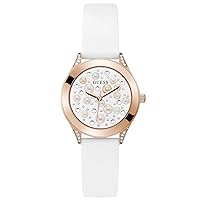 GUESS Ladies Trend Crystal 36mm Watch – Gold-Tone Stainless Steel Case Champagne Dial & Pink Silicone Strap
