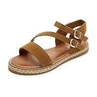 Womens Gladiator Platform Sandals Ankle Strap with Metal Buckle Faux Suede Round Toe Summer Sandal Brown