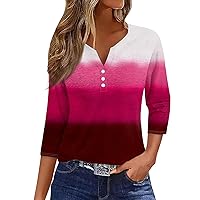 Womens 3/4 Sleeve Tops and Blouses 2024, Casual Button Down V Neck Summer Tops Pattern Print Loose Fit Blouse Shirts