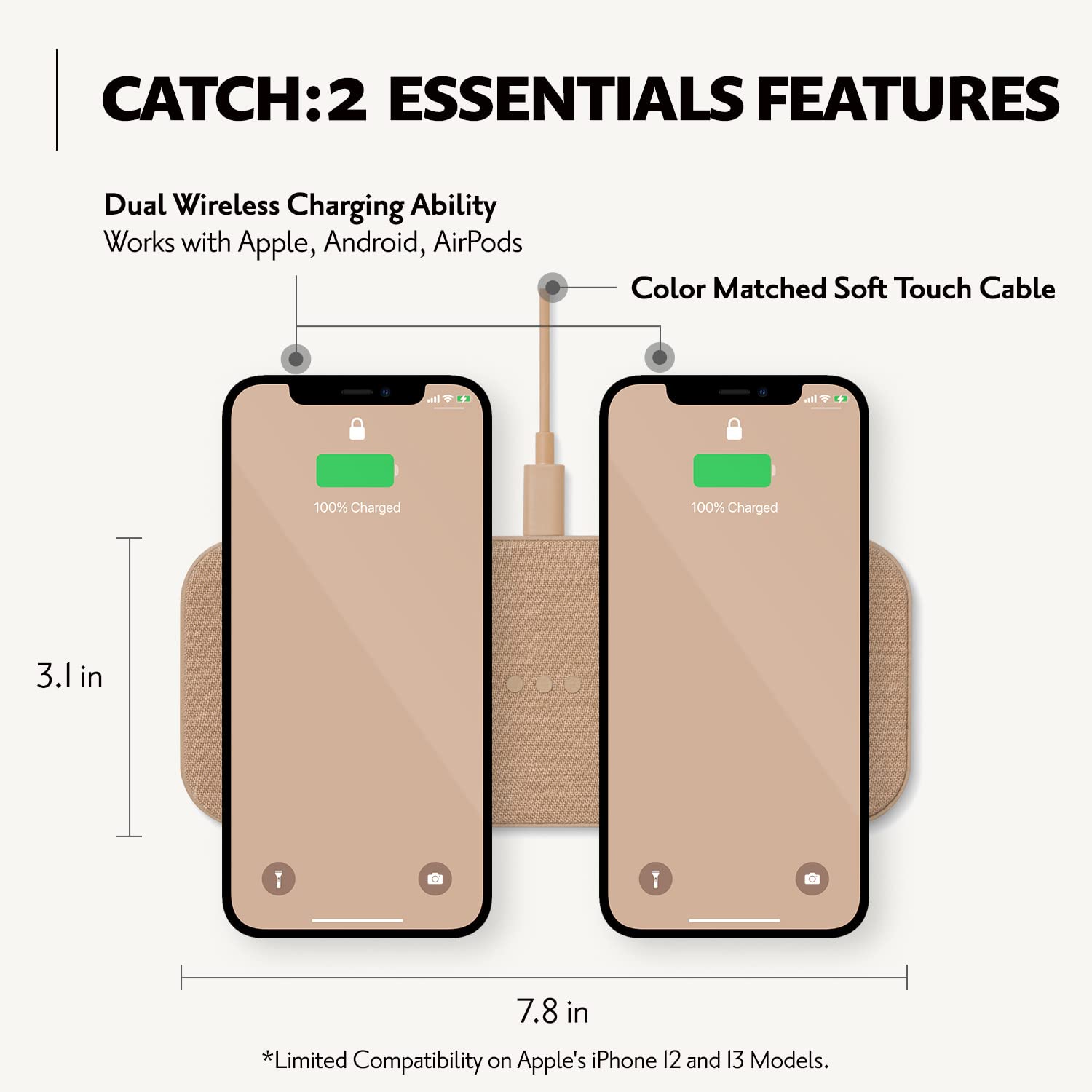 Mua Courant Catch:2 Essentials - Belgian Linen Dual Wireless Charging Pad -  Qi-Certified - Compatible with iPhone 11, X, SE, Galaxy S23, S22, S21, S20,  Note, AirPods/Pro (Camel) trên Amazon Mỹ chính