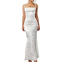 GLNEGE Women's Satin Bodycon Maxi Dress Elegant Formal Spaghetti Strap Cowl Neck Evening Party Dresses