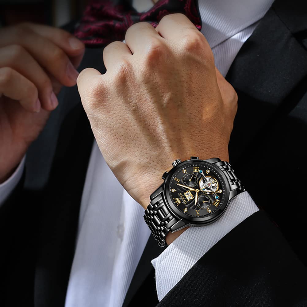 OLEVS Skelett-Armbanduhr für Herren, automatisch, mechanisch, Schwungrad, Steampunk, modisches Lederband, 5 ATM wasserdicht, Saphirglas