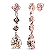 14kt Rose Gold Womens Round Brown Color Enhanced Diamond Dangle Earrings 7/8 Cttw