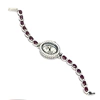 Thailuckygems Natural 4 X 6 mm. Bood-Red Ruby & Cubic Zirconia Wrish Watch Silver 925 Sterling White Gold Plated
