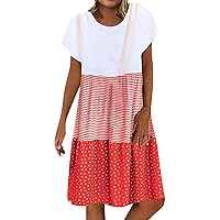 My Orders Summer Dresses for Women 2024 Trendy Plus Size Crewneck Short Sleeve Patchwork Dress Going Out Dressy Casual Color Block Beach Sundress Today(1-Red,XX-Large)